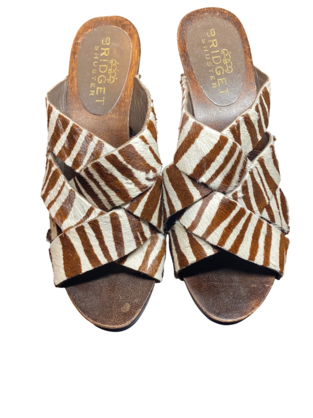 Bridget Shuster Y2K Zebra Calf Hair Wood Clog Mules Slides Shoes US 7 37